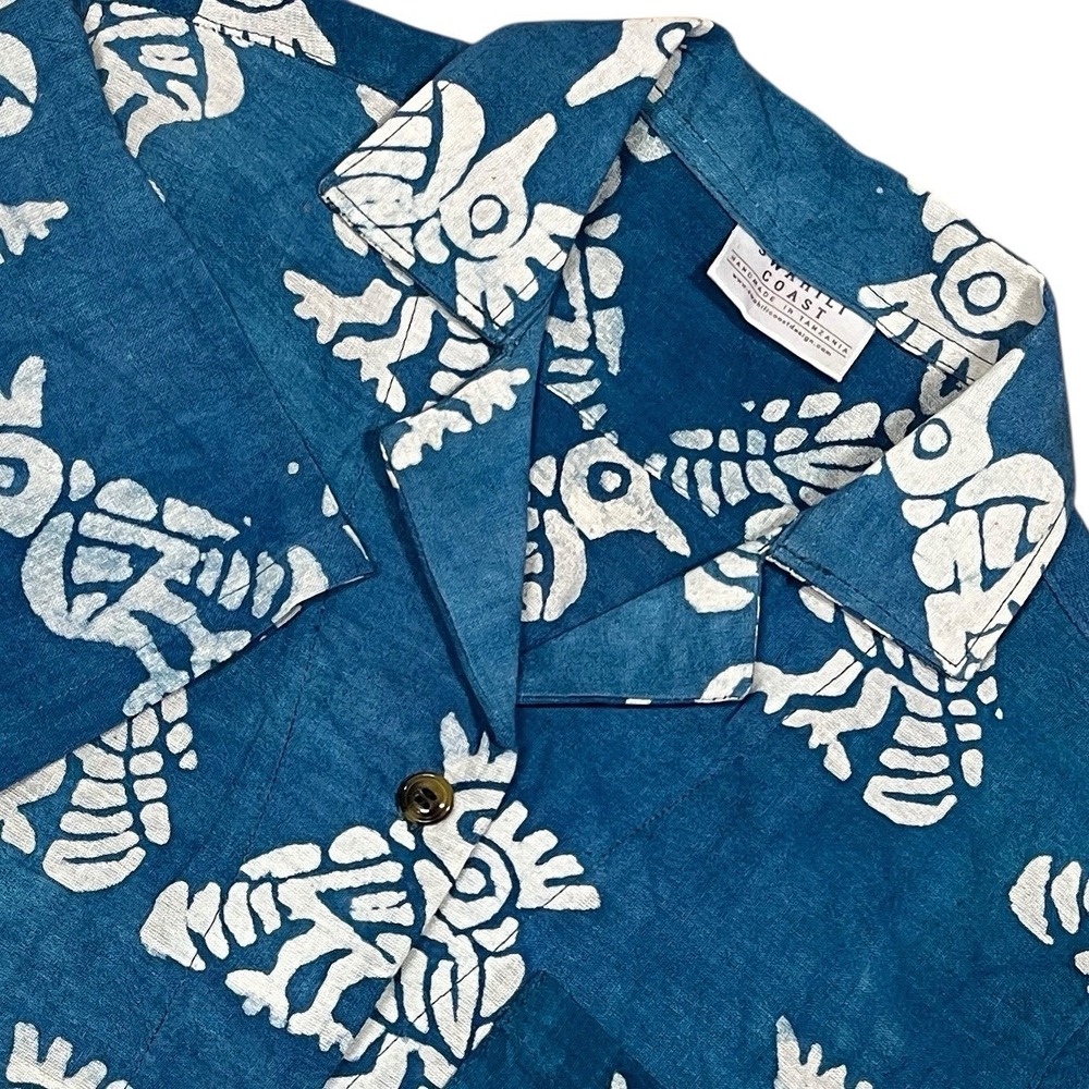 Swahili Coast 100% Linen Camp Shirt Mens S‎ Deep Teal Batik Tropical Bird Print